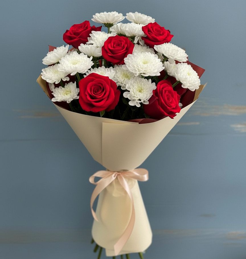 Букет цветов из: Розы и Хризантемы в Оранжереях