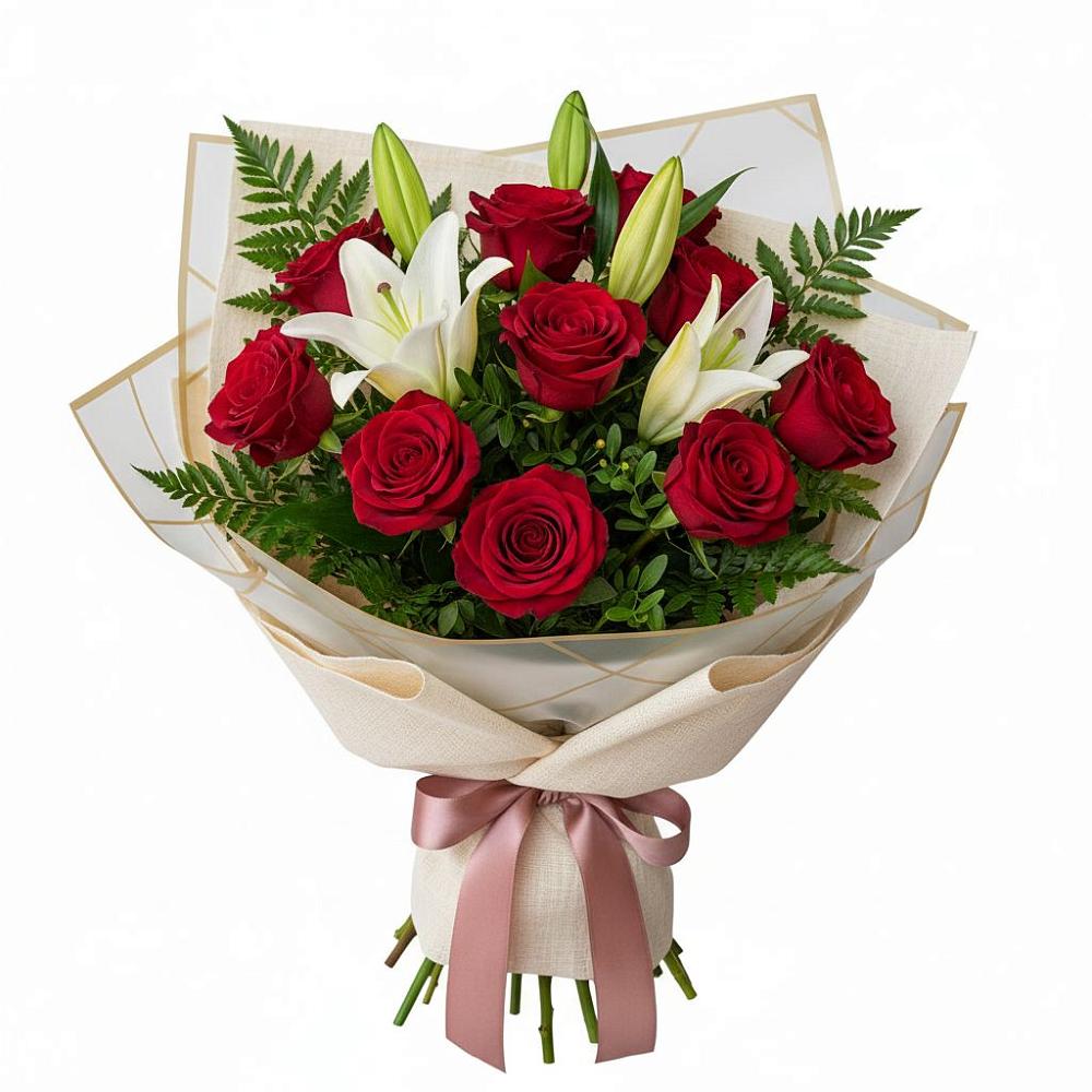 Букет цветов из: Лилии и Розы в Оранжереях