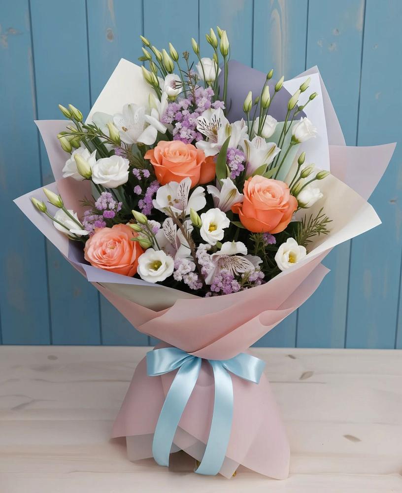 Букет цветов из: Лизиантусы, Розы, Альстромерии и Гипсофила в Оранжереях