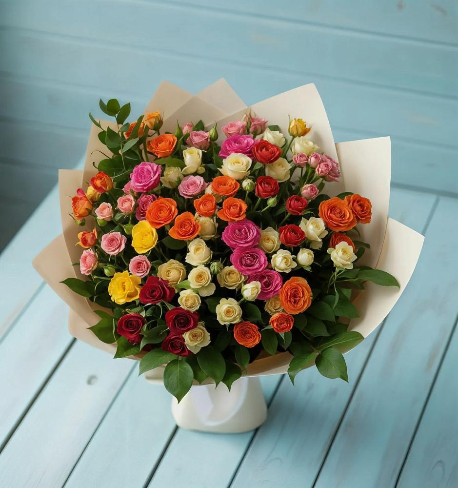 Букет Микс из разноцветных кустовых роз в Оранжереях