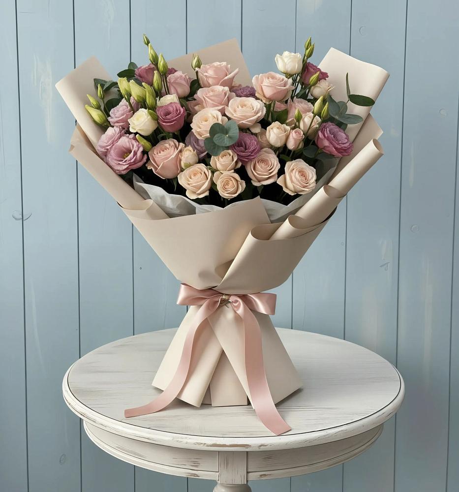 Букет цветов из: Розы и Лизиантусы в Оранжереях