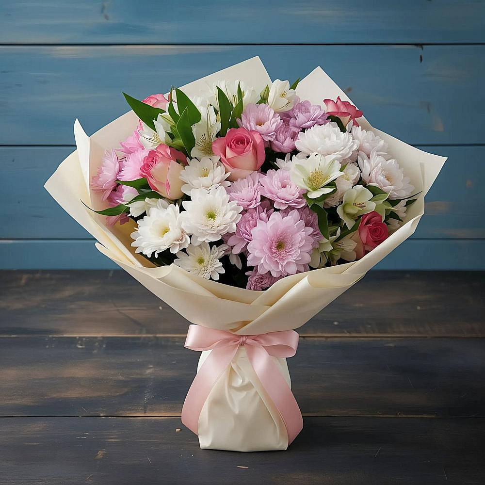 Букет цветов из: Хризантемы, Альстромерии и Розы в Оранжереях